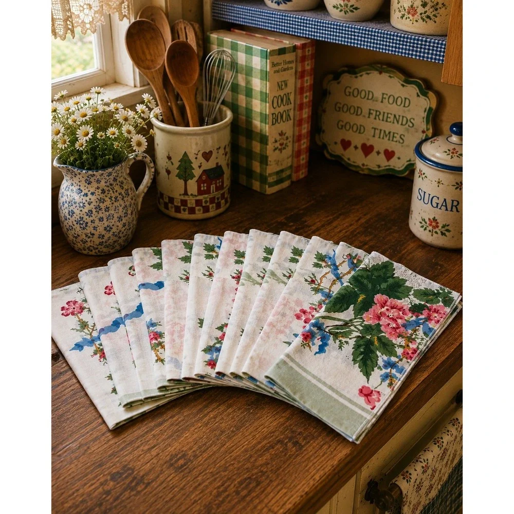 Vintage 1990s Country Floral Cloth Napkins Set of 12 Birds Flowers Cottagecore